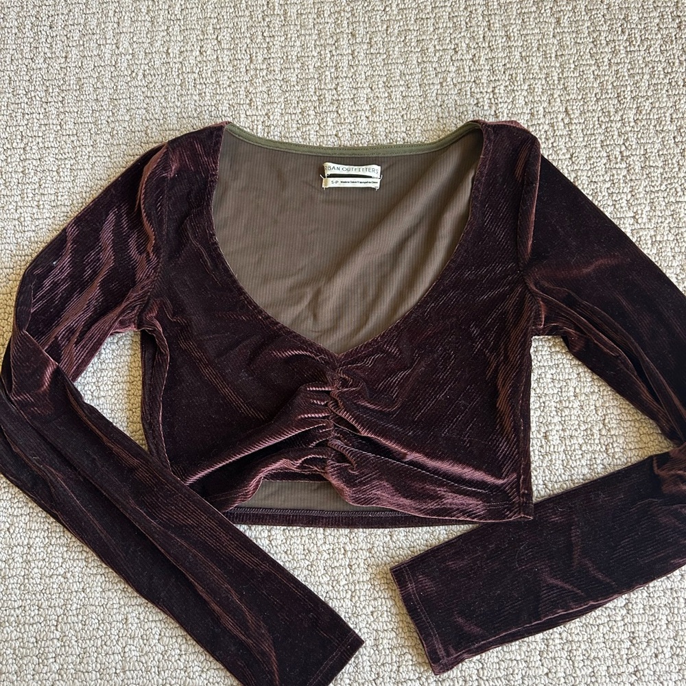 Urban Outfitters Chocolate Velvet Ruched V‑Neck Crop Top